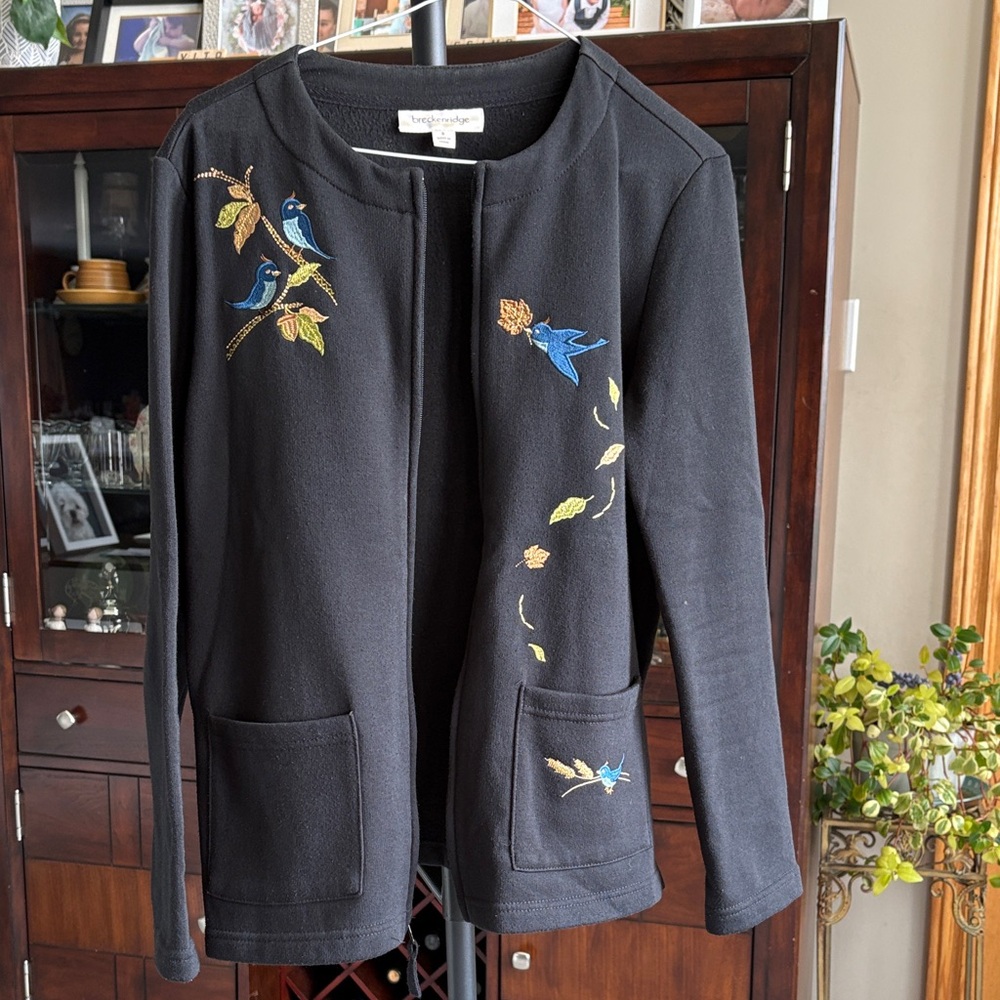 Breckenridge Vintage Black Sweater with Bird and Leaf Embroidery